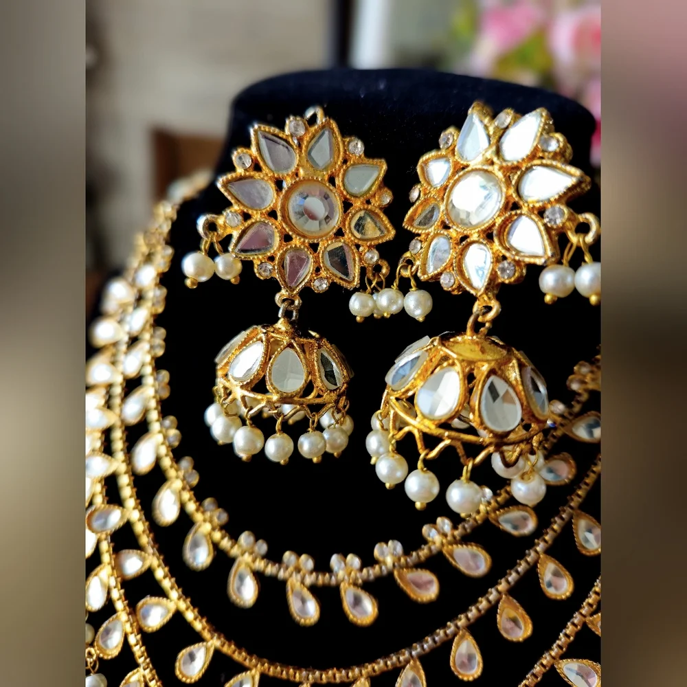 3 tier Kundan necklace Mala with jhumka set/ Indian jewellery/ pakistani jewelry - Picture 6 of 7